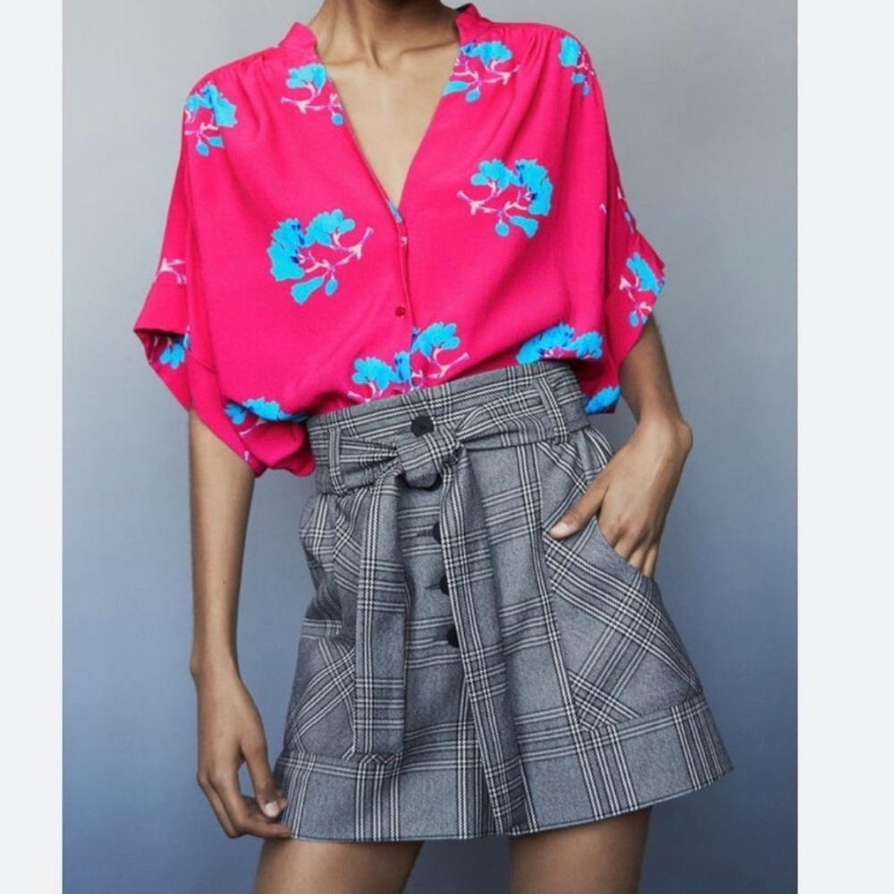 Maje Clowers Blouse Spring Pink Tropical Size S Short Sleeve V Neck